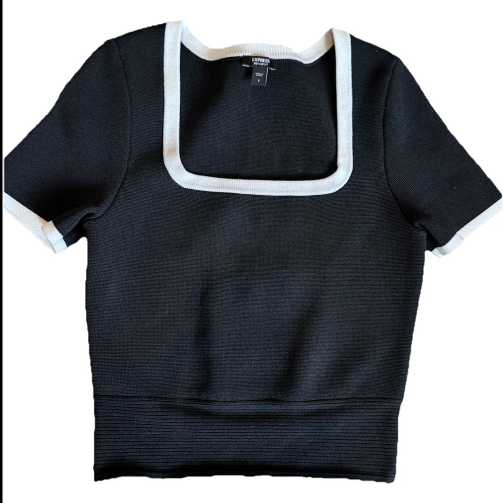 Express Body Contour Sculpt Knit Top Black Cropped Ribbed Square Neck Women Sz S